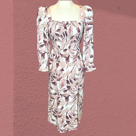 NWT House of Harlow 1960 Palm Leaf Linen Smocked Midi Dress L Cottagecore Boho - Picture 4 of 16